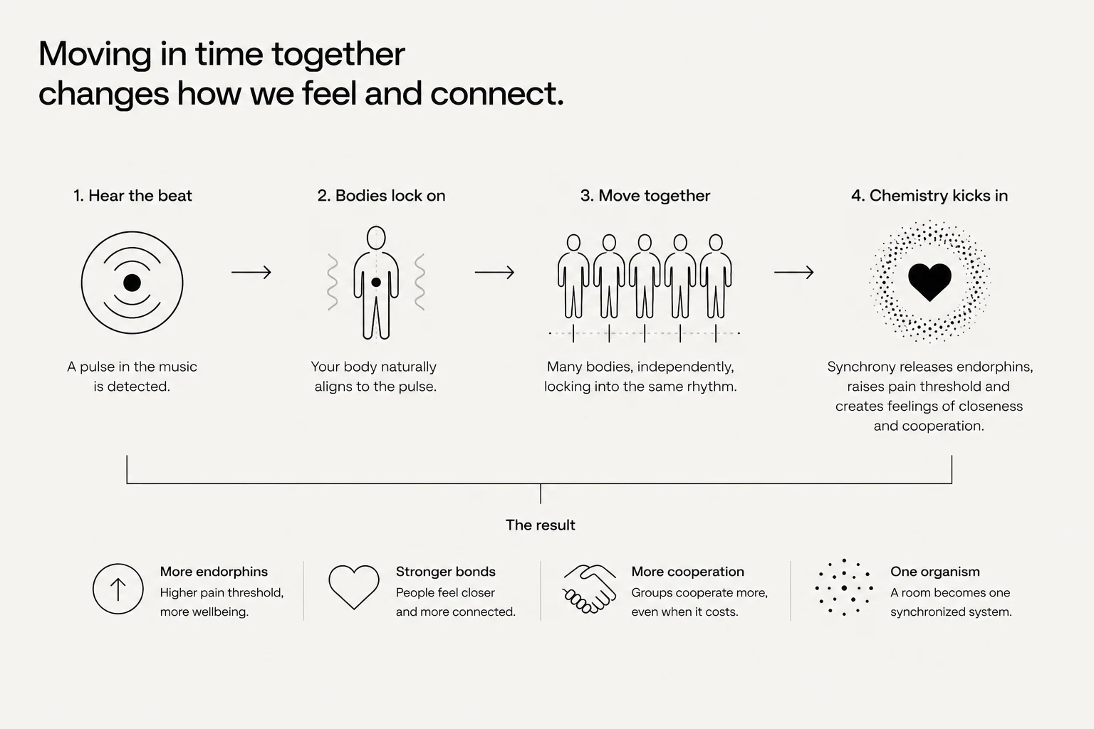 A four-step diagram. A pulse in the music is detected; the body aligns to that pulse; many bodies independently lock into the same rhythm; synchrony then releases endorphins, raising the pain threshold and creating feelings of closeness and cooperation. The listed results are more endorphins, stronger bonds, more cooperation, and a room behaving as one synchronised system.